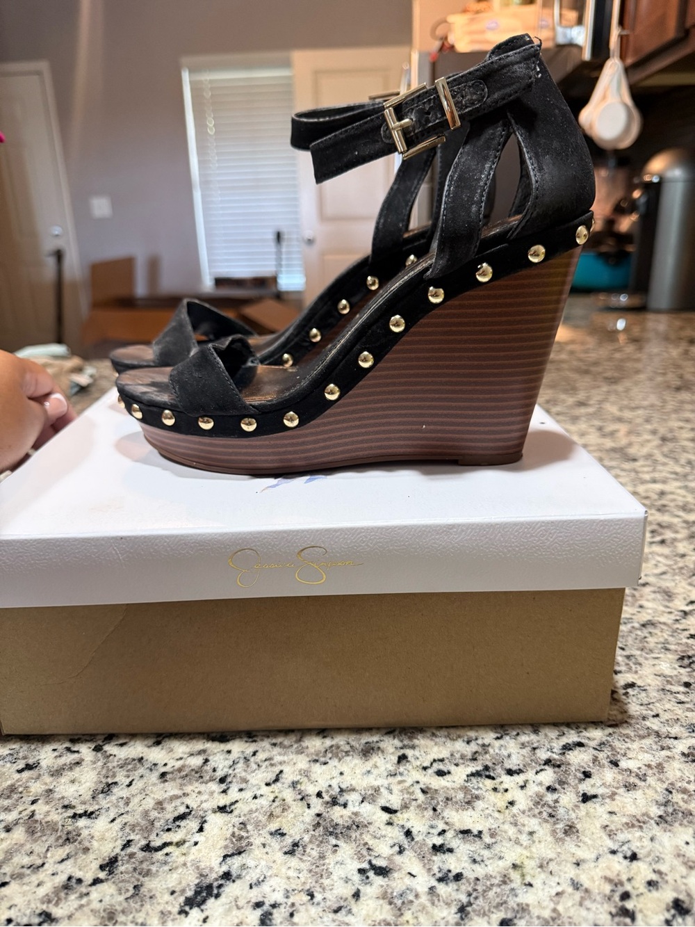 Jessica Simpson Black Suede Platform Wedge Sandals with Gold Studs